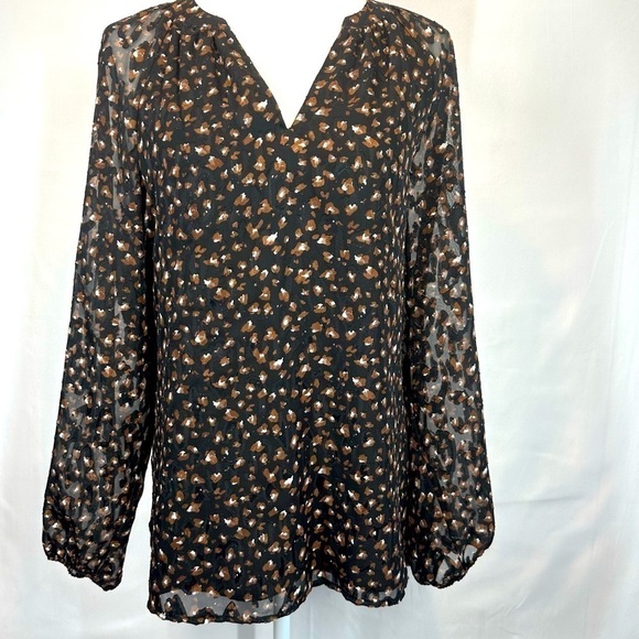 Kasper Tops - Kasper Jacquard Split V-Neck - Long Sleeve Blouse - Size Large